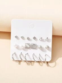 9 pares Pendientes con diseño de diamante de imitación y perla artificial - Plateado - Ver 1