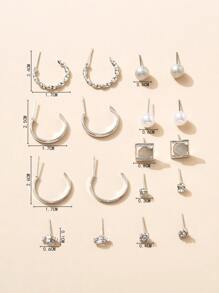 9 pares Pendientes con diseño de diamante de imitación y perla artificial - Plateado - Ver 3