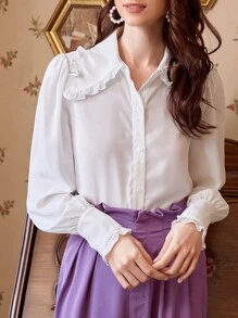 SHEIN Áo sơ mi nữ viền lá sen Nút phía trước màu trơn Thanh lịch - trắng - Xem 1