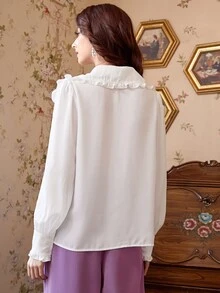 SHEIN Áo sơ mi nữ viền lá sen Nút phía trước màu trơn Thanh lịch - trắng - Xem 2