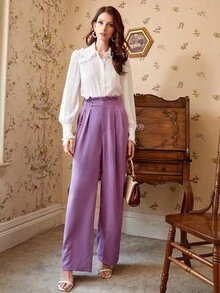 SHEIN Áo sơ mi nữ viền lá sen Nút phía trước màu trơn Thanh lịch - trắng - Xem 4