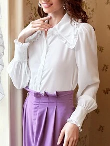 SHEIN Áo sơ mi nữ viền lá sen Nút phía trước màu trơn Thanh lịch - trắng - Xem 5