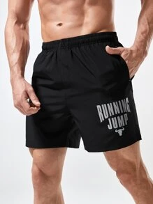 Gym Rark Boyfriend Style Men Bull & Letter Print Slant Pocket Sports Shorts Gym Shorts Jogger Shorts - Black - View 1