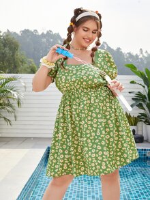 Plus Daisy Floral Puff Sleeve Dress - Multicolor - View 4