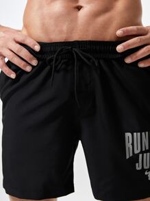 Gym Rark Boyfriend Style Men Bull & Letter Print Slant Pocket Sports Shorts Gym Shorts Jogger Shorts - Black - View 6