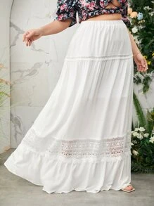 SHEIN VCAY 大碼拼接蕾絲荷葉邊超長半身裙 - 白色 - 查看 1