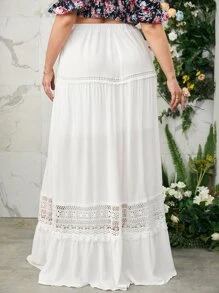 SHEIN VCAY 大碼拼接蕾絲荷葉邊超長半身裙 - 白色 - 查看 2