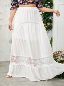 SHEIN VCAY 大碼拼接蕾絲荷葉邊超長半身裙 - 白色 - 查看 3