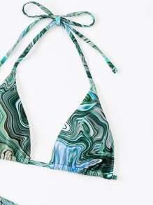 SHEIN Swim Summer Beach Marble Print Halter Triangle Bikini With Beach Skirt - Green - View 4