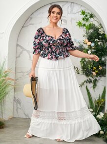 SHEIN VCAY 大碼拼接蕾絲荷葉邊超長半身裙 - 白色 - 查看 5