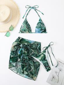 SHEIN Swim Summer Beach Marble Print Halter Triangle Bikini With Beach Skirt - Green - View 7
