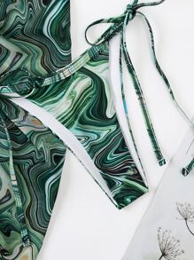 SHEIN Swim Summer Beach Marble Print Halter Triangle Bikini With Beach Skirt - Green - View 8