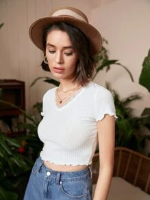 SHEIN Frenchy Ribbed Knit Lettuce Trim Contrast Lace Crop Top - White - View 4