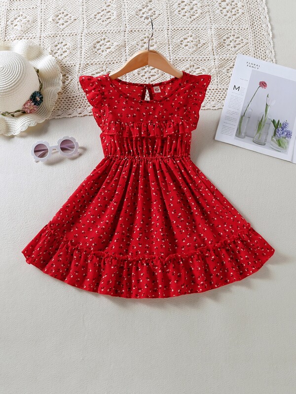 SHEIN Young Girl Ditsy Floral Ruffle Trim Flounce Hem Dress