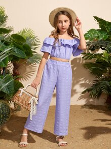 SHEIN Niñas Conjunto Top corto de hombros descubiertos con diseño fruncido con textura & Pantalones de pierna ancha - Lila Púrpura - Ver 2