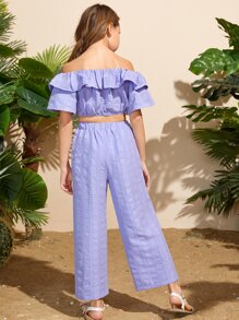 SHEIN Niñas Conjunto Top corto de hombros descubiertos con diseño fruncido con textura & Pantalones de pierna ancha - Lila Púrpura - Ver 3