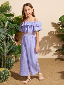 SHEIN Niñas Conjunto Top corto de hombros descubiertos con diseño fruncido con textura & Pantalones de pierna ancha - Lila Púrpura - Ver 4