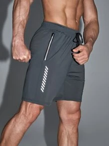 Manfinity Fitness Boyfriend Style Men Geo Print Drawstring Waist Zipper Pocket Sports Shorts, Grey Shorts Gym Shorts Jogger Shorts - Grey - View 4