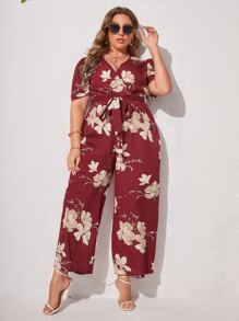 Plus Floral Print Puff Sleeve Belted Jumpsuit