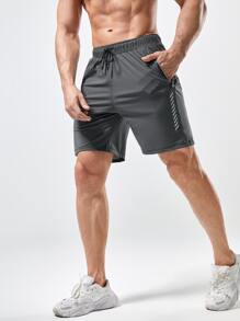 Manfinity Fitness Boyfriend Style Men Geo Print Drawstring Waist Zipper Pocket Sports Shorts, Grey Shorts Gym Shorts Jogger Shorts - Grey - View 6