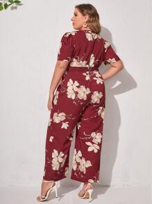 Plus Floral Print Puff Sleeve Belted Jumpsuit