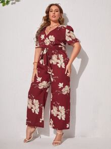 Plus Floral Print Puff Sleeve Belted Jumpsuit