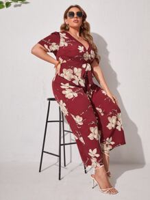 Plus Floral Print Puff Sleeve Belted Jumpsuit