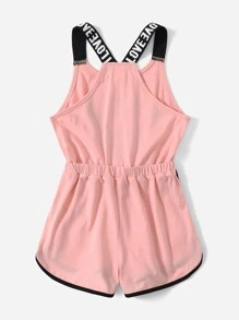 SHEIN Young Girl Slogan Pattern Contrast Binding Bow Front Romper - Dusty Pink - View 2