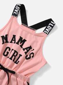 SHEIN Young Girl Slogan Pattern Contrast Binding Bow Front Romper - Dusty Pink - View 3