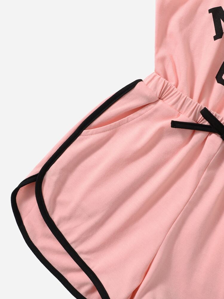 Young Girl Slogan Pattern Contrast Binding Bow Front Romper