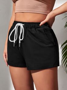 SHEIN PETITE 斜口袋抽繩短褲 - 黑色 - 查看 5
