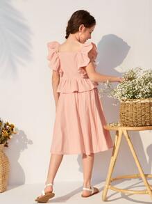 SHEIN Niñas Falda con top con bordado floral ribete con fruncido - Rosa coral - Ver 2