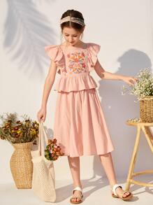 SHEIN Niñas Falda con top con bordado floral ribete con fruncido - Rosa coral - Ver 4