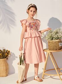 SHEIN Niñas Falda con top con bordado floral ribete con fruncido - Rosa coral - Ver 5