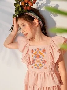 SHEIN Niñas Falda con top con bordado floral ribete con fruncido - Rosa coral - Ver 6