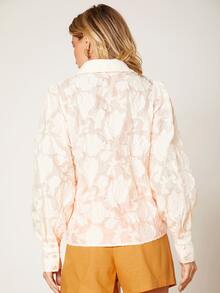 SHEIN 燈籠袖提花襯衫 - 米色 - 查看 2