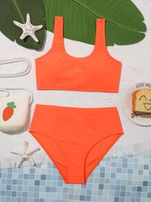 SHEIN Teen Girl Summer Beach Solid Wireless Bikini Set, Bathing Suit - Orange - View 1