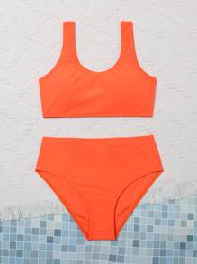 SHEIN Teen Girl Summer Beach Solid Wireless Bikini Set, Bathing Suit - Orange - View 5