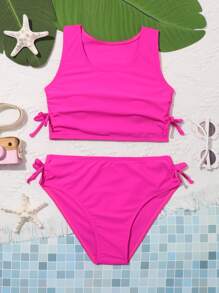 少女纯色抽绳比基尼套装夏季海滩
