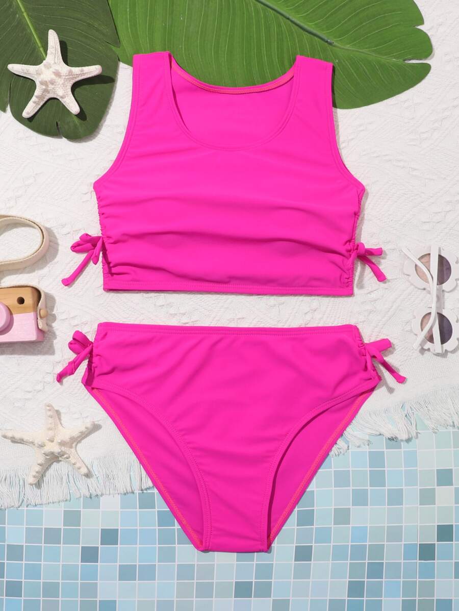 少女纯色抽绳比基尼套装夏季海滩