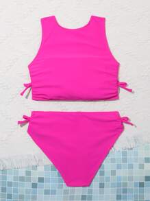 少女纯色抽绳比基尼套装夏季海滩