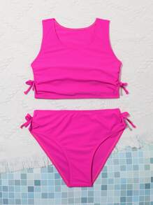 少女纯色抽绳比基尼套装夏季海滩