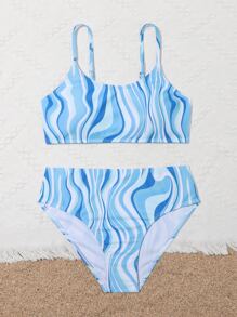 Teen Girls Allover Print Bikini Set Summer Beach - Blue - View 4