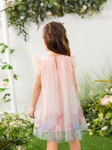 SHEIN Toddler Girls Unicorn Print Contrast Sequins Ruffle Trim Dress - Multicolor - View 2