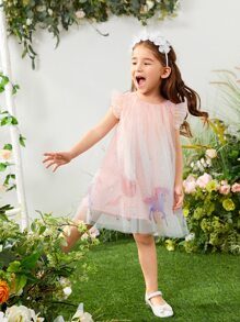 SHEIN Toddler Girls Unicorn Print Contrast Sequins Ruffle Trim Dress - Multicolor - View 3