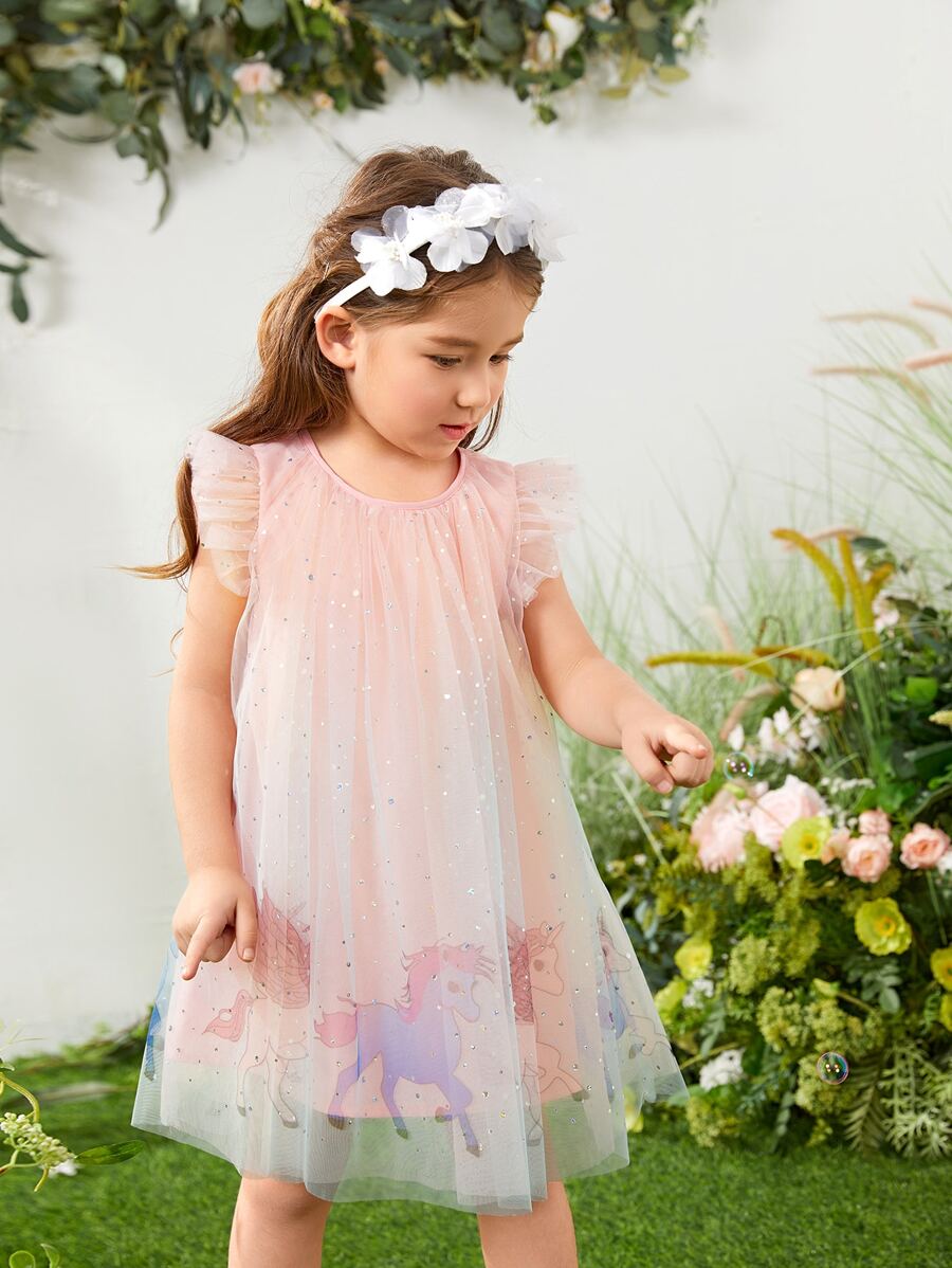 SHEIN Toddler Girls Unicorn Print Contrast Sequins Ruffle Trim Dress - Multicolor - View 1