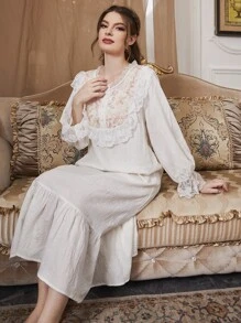 PalaceNights 花卉刺绣对比色蕾丝荷叶边饰边荷叶袖睡衣长裙 - 白色 - 查看 1