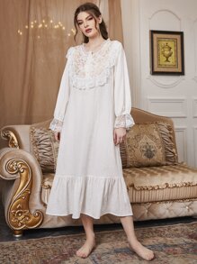 PalaceNights 花卉刺绣对比色蕾丝荷叶边饰边荷叶袖睡衣长裙 - 白色 - 查看 4