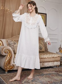 PalaceNights 花卉刺绣对比色蕾丝荷叶边饰边荷叶袖睡衣长裙 - 白色 - 查看 6