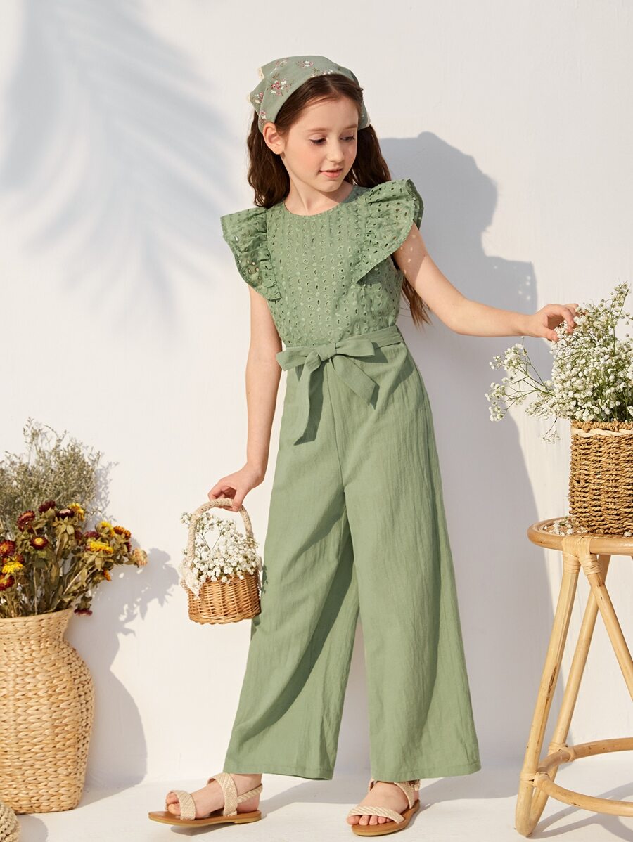 SHEIN Niñas Jumpsuit ribete con fruncido con cinturón - Verde - Ver 1